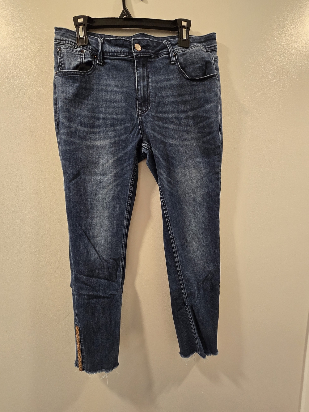 Grace Dark Blue Ankle Cropped Skinny Jeans With Leopard Detail